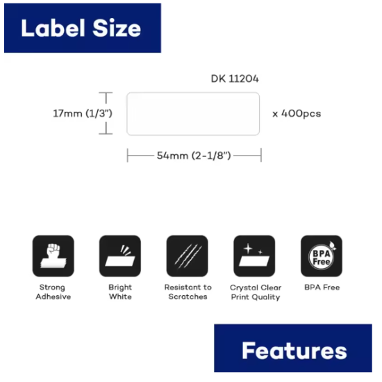 Premium Brother DK11204 17mm x 54mm 400 Pre-Cut Labels Compatible